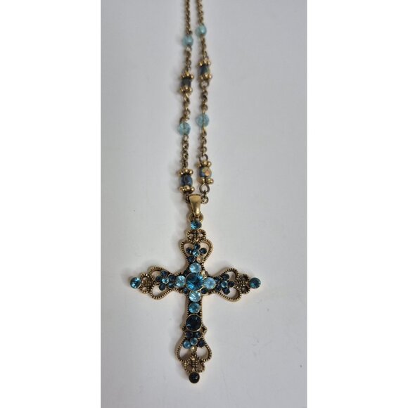 Vtg 80s NINA RICCI for AVON Blue AB Austrian Crystal Cross Pendant Necklace 20" - Picture 3 of 9
